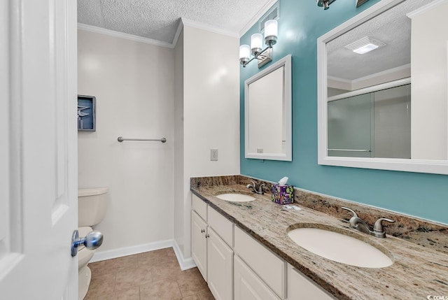 1581 S Waccamaw Dr Unit 302, Garden City Beach, SC 29576 - bathroom with double vanity, a sink, a textured ceiling, and an enclosed shower