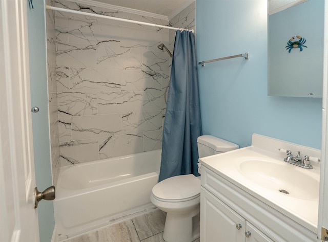 full bath featuring toilet, ornamental molding, shower / bath combo, and vanity