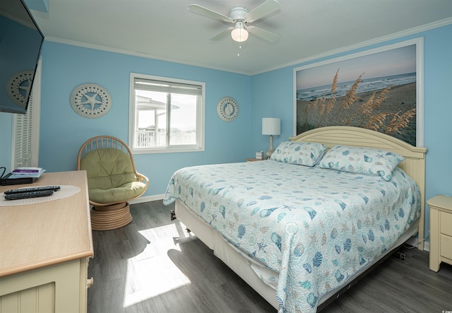 bedroom featuring crown molding, baseboards, ceiling fan, and dark wood-style floors