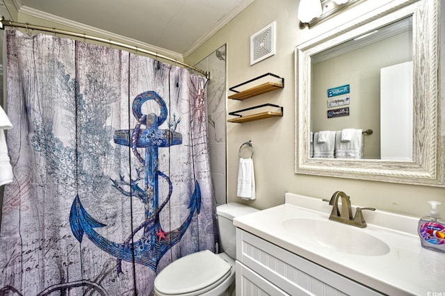 bathroom with crown molding, vanity, toilet, curtained shower, and visible vents
