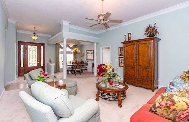 912 Berwick Ln, Myrtle Beach, SC 29579 - living area featuring ornate columns, light colored carpet, crown molding, a ceiling fan, and baseboards