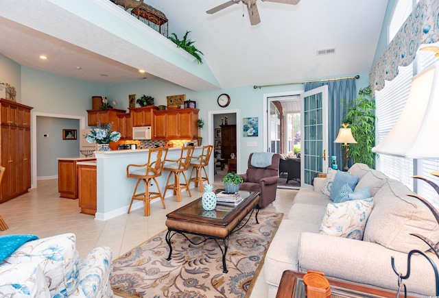 912 Berwick Ln, Myrtle Beach, SC 29579 - living room featuring high vaulted ceiling, light tile patterned floors, ceiling fan, and recessed lighting