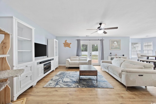1097 Stoney Falls Blvd, Myrtle Beach, SC 29579 - living area with ceiling fan, light wood-style flooring, french doors, and baseboards