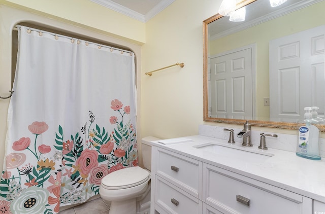 128 Causey St, Myrtle Beach, SC 29577 - full bath featuring vanity, toilet, crown molding, tile patterned flooring, and curtained shower