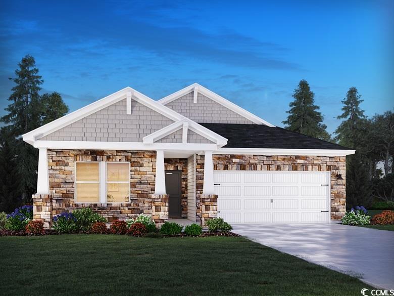 craftsman house featuring stone siding, concrete driveway, an attached garage, and a front yard