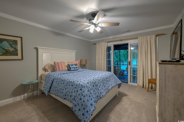 bedroom with carpet floors, crown molding, access to outside, and visible vents