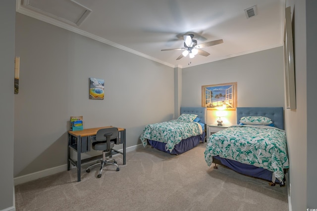 bedroom featuring carpet flooring, attic access, baseboards, visible vents, and ornamental molding