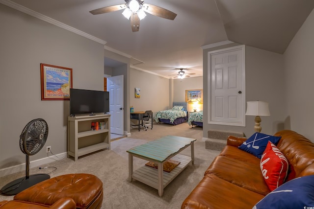 living room featuring carpet flooring, ceiling fan, crown molding, and baseboards