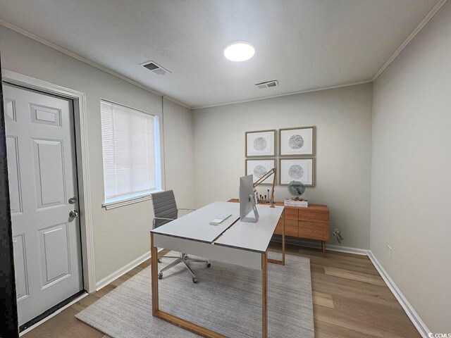 116 Hickory Dr, Conway, SC 29526 - home office with ornamental molding, baseboards, visible vents, and wood finished floors