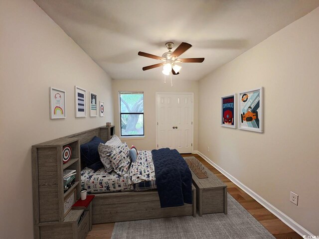 116 Hickory Dr, Conway, SC 29526 - bedroom with baseboards, a ceiling fan, and wood finished floors