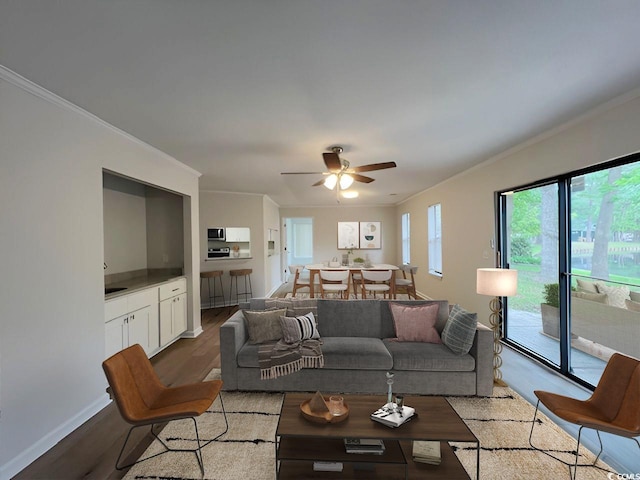 116 Hickory Dr, Conway, SC 29526 - living room featuring ceiling fan, wood finished floors, baseboards, and ornamental molding