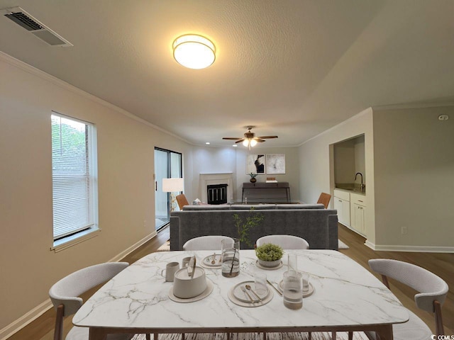116 Hickory Dr, Conway, SC 29526 - dining area featuring a ceiling fan, a glass covered fireplace, dark wood-style floors, and visible vents
