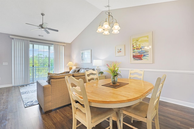 dining room featuring visible vents, baseboards, high vaulted ceiling, dark wood-type flooring, and ceiling fan with notable chandelier