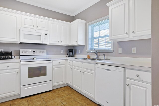 kitchen with white appliances, white cabinetry, crown molding, and a sink