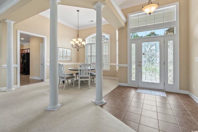127 Willow Bay Dr, Murrells Inlet, SC 29576 - entryway with baseboards, decorative columns, ornamental molding, and a healthy amount of sunlight