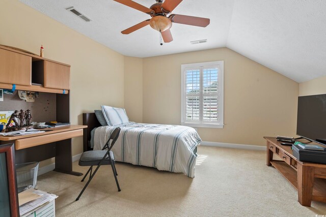 127 Willow Bay Dr, Murrells Inlet, SC 29576 - bedroom with vaulted ceiling, ceiling fan, light colored carpet, and visible vents