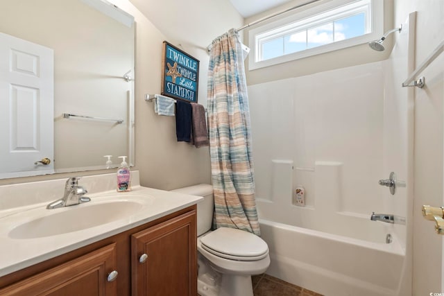 127 Willow Bay Dr, Murrells Inlet, SC 29576 - bathroom featuring vanity, shower / bathtub combination with curtain, tile patterned flooring, and toilet