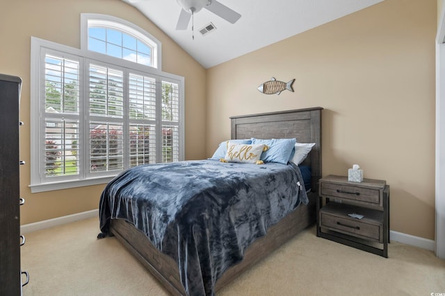 127 Willow Bay Dr, Murrells Inlet, SC 29576 - bedroom with carpet flooring, baseboards, visible vents, and vaulted ceiling
