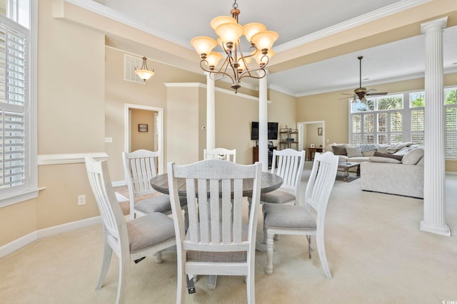 127 Willow Bay Dr, Murrells Inlet, SC 29576 - dining room featuring crown molding, visible vents, ceiling fan with notable chandelier, and light colored carpet