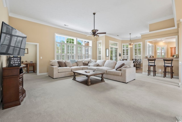 127 Willow Bay Dr, Murrells Inlet, SC 29576 - living room with crown molding, baseboards, ceiling fan, and carpet