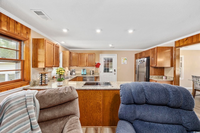 153 Busbee St, Conway, SC 29526 - kitchen with stainless steel appliances, open floor plan, ornamental molding, a peninsula, and wood finished floors