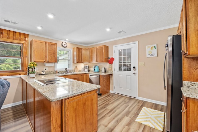 153 Busbee St, Conway, SC 29526 - kitchen featuring stainless steel appliances, a peninsula, light wood-type flooring, a sink, and ornamental molding