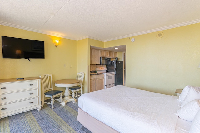 bedroom with crown molding, freestanding refrigerator, and a textured ceiling