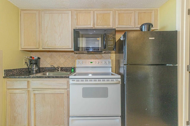 kitchen featuring decorative backsplash, dark countertops, a sink, black appliances, and light brown cabinets