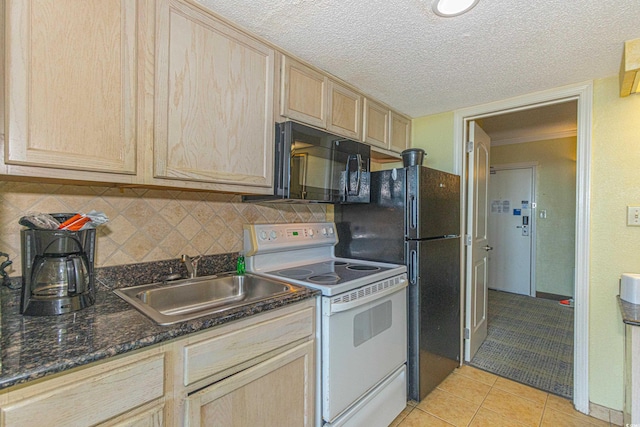kitchen with light brown cabinetry, black microwave, white range with electric cooktop, a sink, and light tile patterned floors