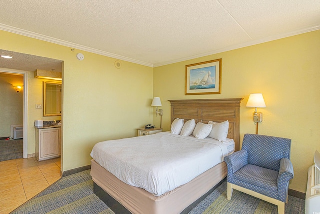 bedroom featuring baseboards, ornamental molding, light tile patterned flooring, and a textured ceiling