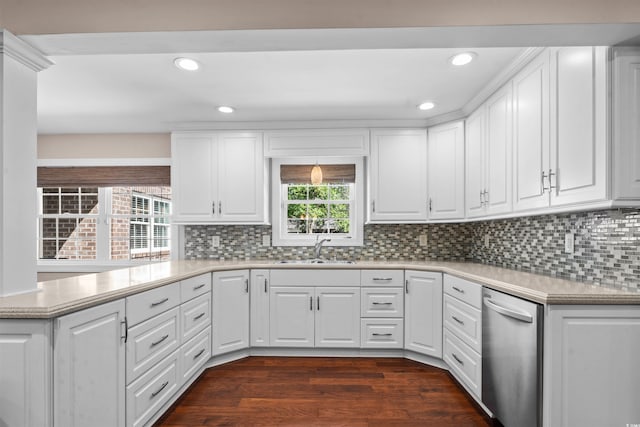 7602 Glenwood Dr, Myrtle Beach, SC 29572 - kitchen with dishwasher, light countertops, white cabinetry, recessed lighting, and dark wood-style flooring