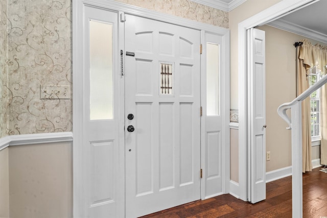 7602 Glenwood Dr, Myrtle Beach, SC 29572 - entrance foyer with dark wood-style floors, ornamental molding, and wallpapered walls