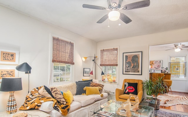 living area featuring ceiling fan