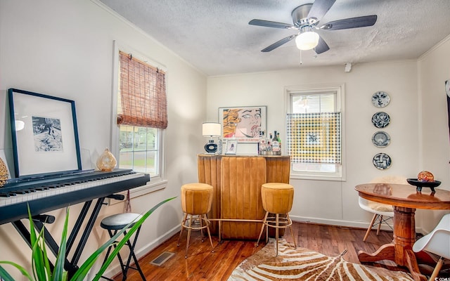 sitting room featuring plenty of natural light, a textured ceiling, a bar, baseboards, and ornamental molding