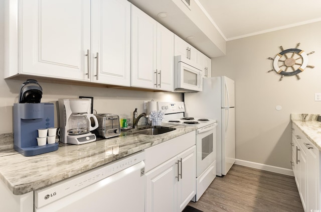 5523 N Ocean Blvd Unit 1201, Myrtle Beach, SC 29577 - kitchen with white appliances, ornamental molding, white cabinets, wood finished floors, and light stone countertops