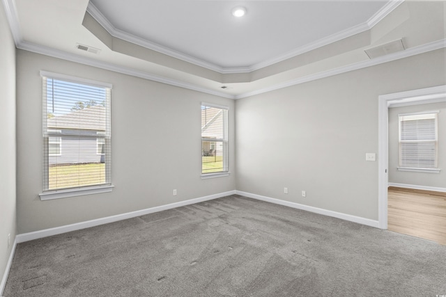 carpeted empty room featuring visible vents, ornamental molding, and a wealth of natural light