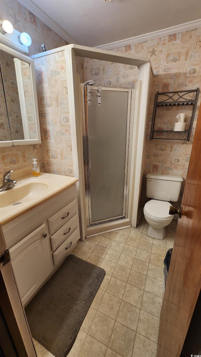 9540 Shore Dr Unit 1N, Myrtle Beach, SC 29572 - full bathroom with crown molding, wallpapered walls, vanity, a stall shower, and toilet