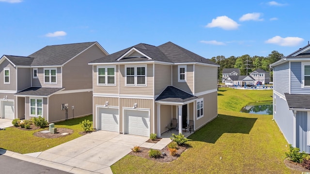 3968 Hibiscus Dr, Little River, SC 29566 - view of front of property with a garage, concrete driveway, a front yard, a water view, and a shingled roof