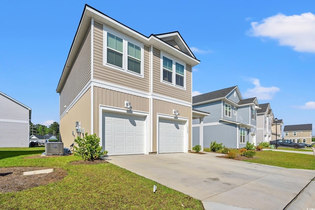 3968 Hibiscus Dr, Little River, SC 29566 - view of front of property with concrete driveway, central AC unit, an attached garage, a front yard, and a residential view