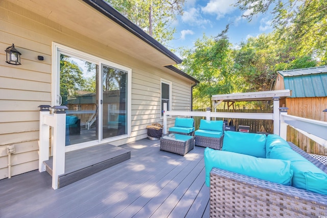 wooden deck featuring an outdoor living space