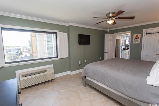 bedroom featuring crown molding, freestanding refrigerator, a wall mounted air conditioner, and multiple windows