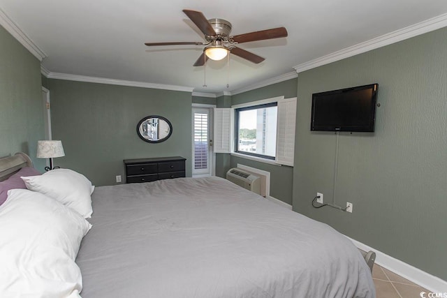 bedroom with crown molding, a wall mounted air conditioner, tile patterned floors, a ceiling fan, and baseboards