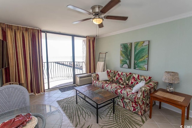living room featuring an AC wall unit, a ceiling fan, ornamental molding, and light tile patterned floors