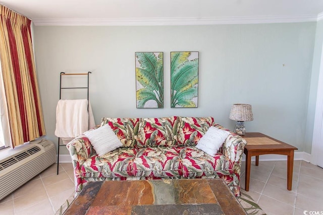 living room featuring tile patterned floors, a wall mounted AC, ornamental molding, and baseboards