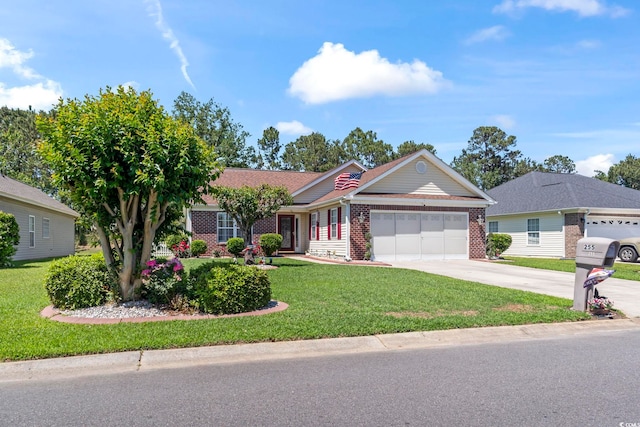 ranch-style house featuring brick siding, a garage, a front lawn, and concrete driveway