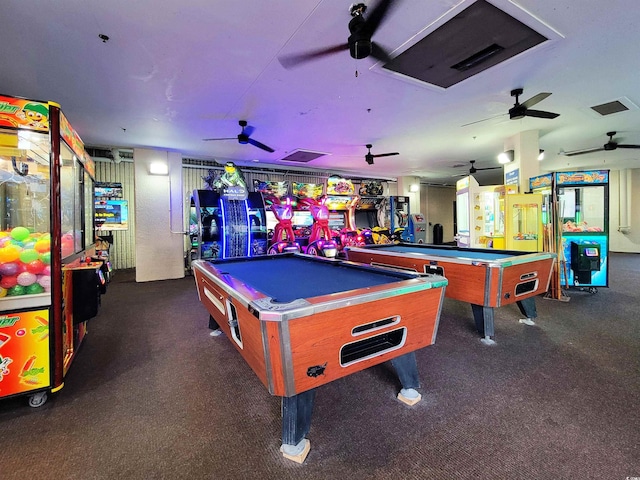 game room featuring visible vents, ceiling fan, and pool table