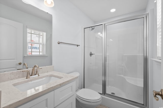 bathroom featuring vanity, toilet, and a shower stall