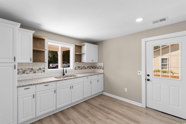 kitchen featuring open shelves, visible vents, a healthy amount of sunlight, and a sink