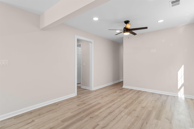 spare room featuring ceiling fan, recessed lighting, light wood finished floors, and visible vents