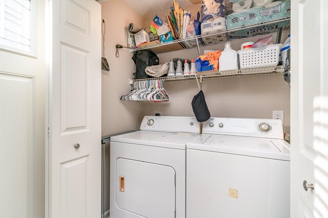 clothes washing area with washing machine and clothes dryer and laundry area